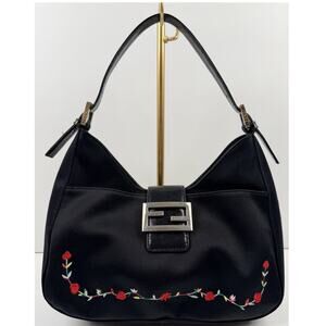 Fendi Mamma Baguette shoulder bag in black nylon with rose embroidery RARE